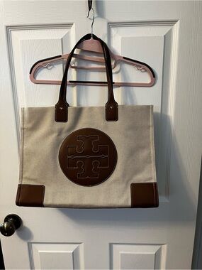 Tory Burch Beige Canvas Tote with Brown Leather Trim and Logo